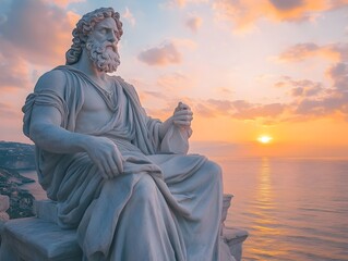 Fototapeta premium An ancient Greece god stands majestically enjoying the warm glow of the morning sunrise in the background