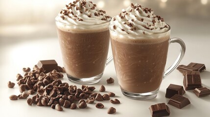 Two glasses of chocolate frappe topped with whipped cream and chocolate sprinkles, surrounded by chocolate chips and pieces.