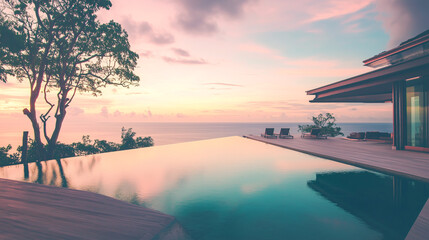 Infinity pool merges with horizon at sunset, offering a tranquil tropical evening escape