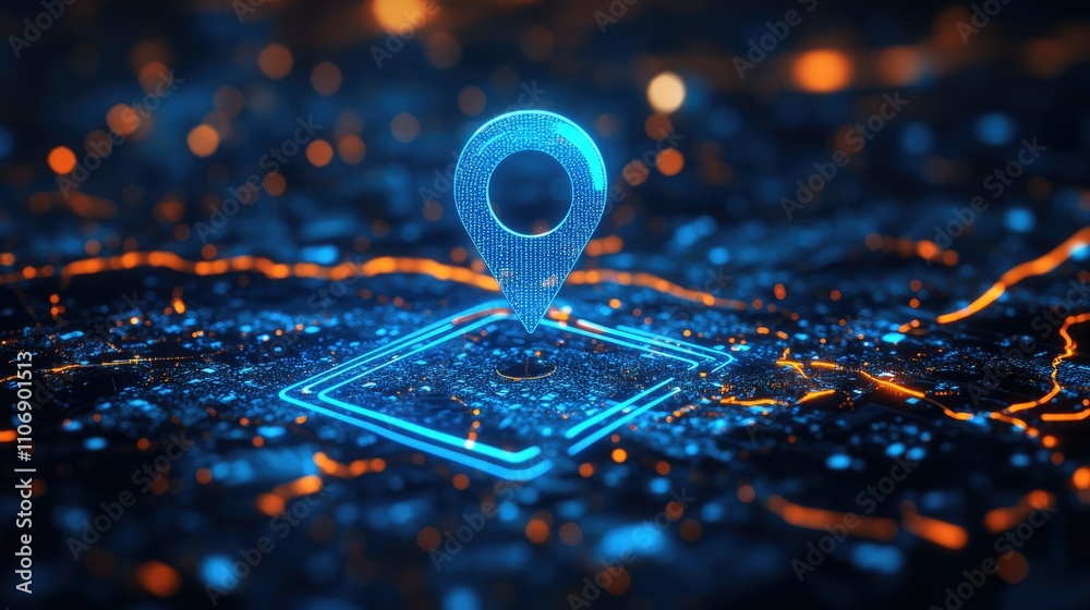 Poster Blue location pin on a digital map, illustrating GPS navigation and travel destinations, enhanced with internet search bar icons and modern tech design