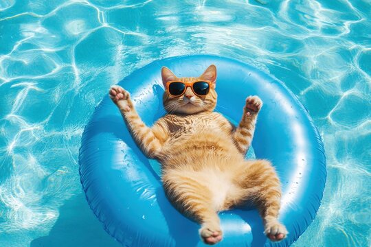 Cat in sunglasses floating on blue pool float swimming pool clear water summer vibes
