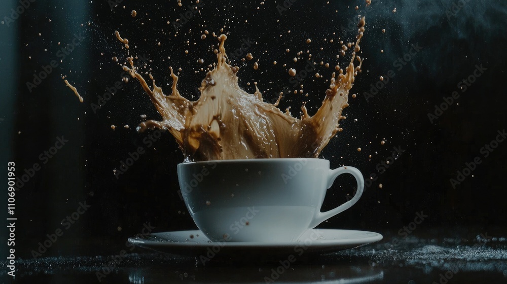 Poster captivating high-speed shot of coffee spilling from a white cup, frozen in motion on a dark backdrop
