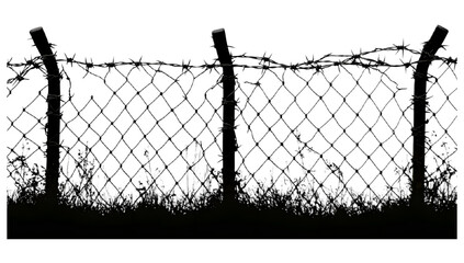 Silhouette of Barbed Wire Fence with Grass Isolated on Transparent Background