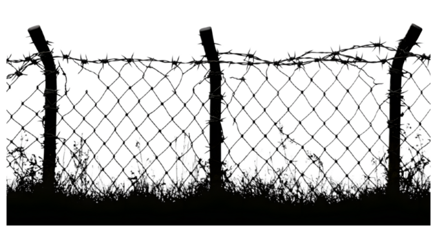 Silhouette of Barbed Wire Fence with Grass Isolated on Transparent Background