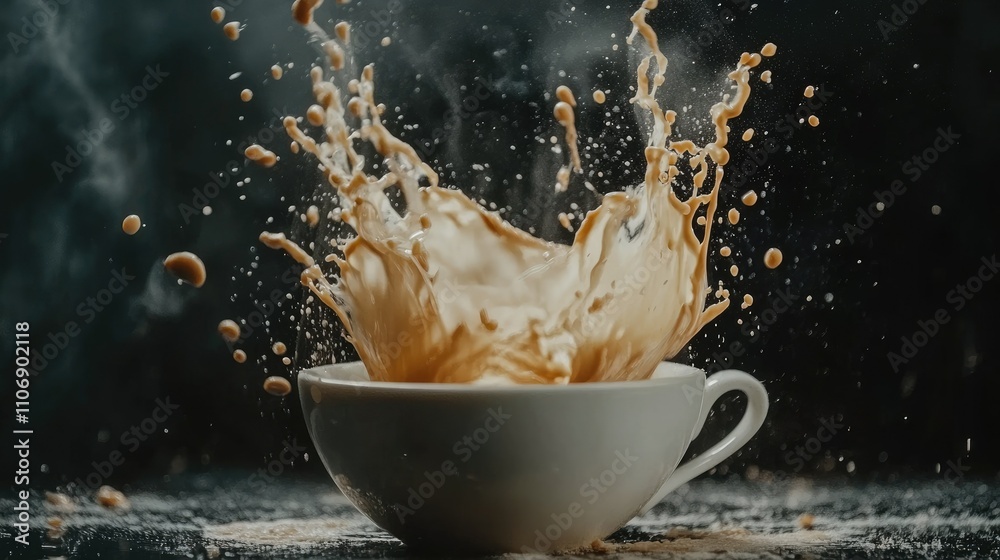 Poster captivating high-speed shot of coffee spilling from a white cup, frozen in motion on a dark backdrop