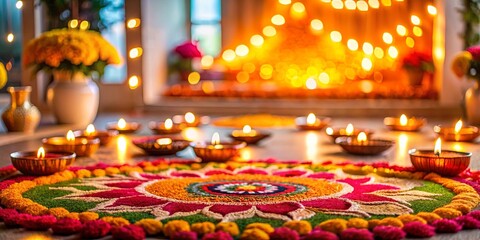 Naklejka premium Illuminated Festive Floor Design with Colorful Candles and Floral Decorations