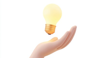 Open 3D cartoon hand presenting a glowing lightbulb hovering slightly above, isolated on white