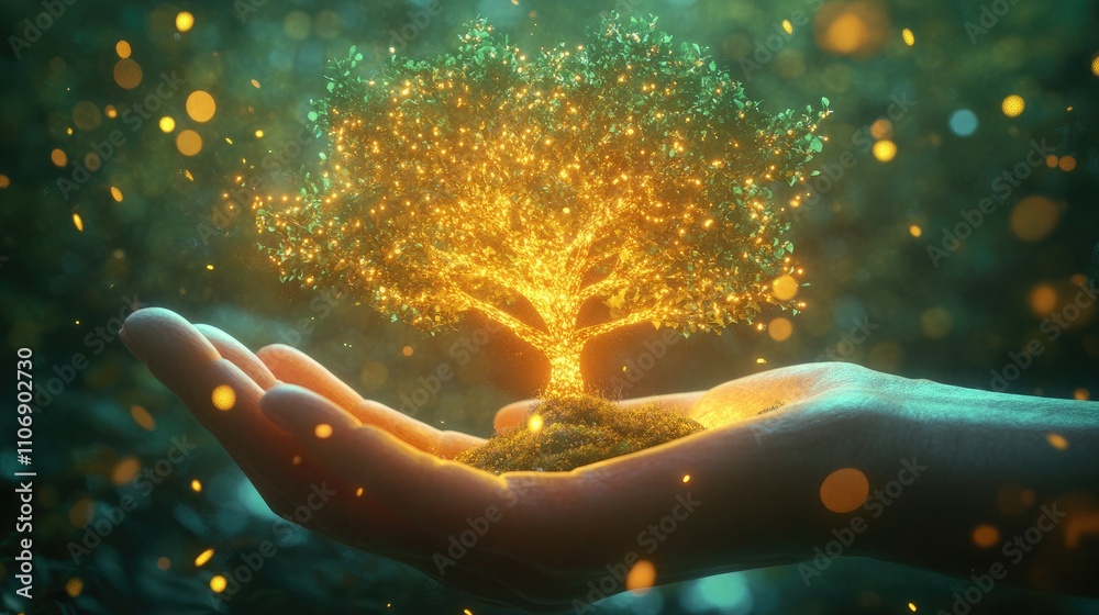 Poster concept image of a hand cradling a glowing tree, representing growth, nature conservation, and susta