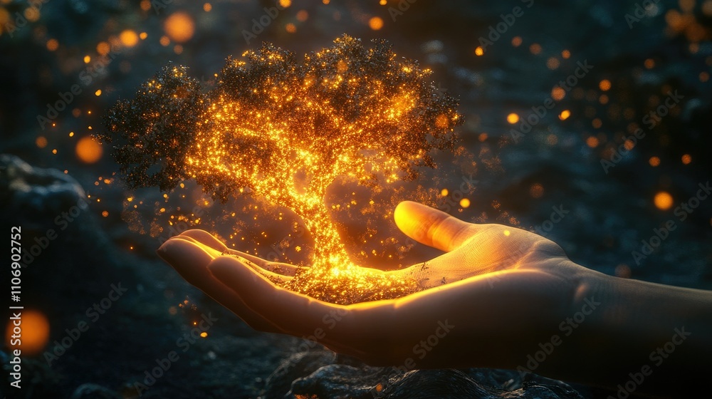 Poster concept image of a hand cradling a glowing tree, representing growth, nature conservation, and susta