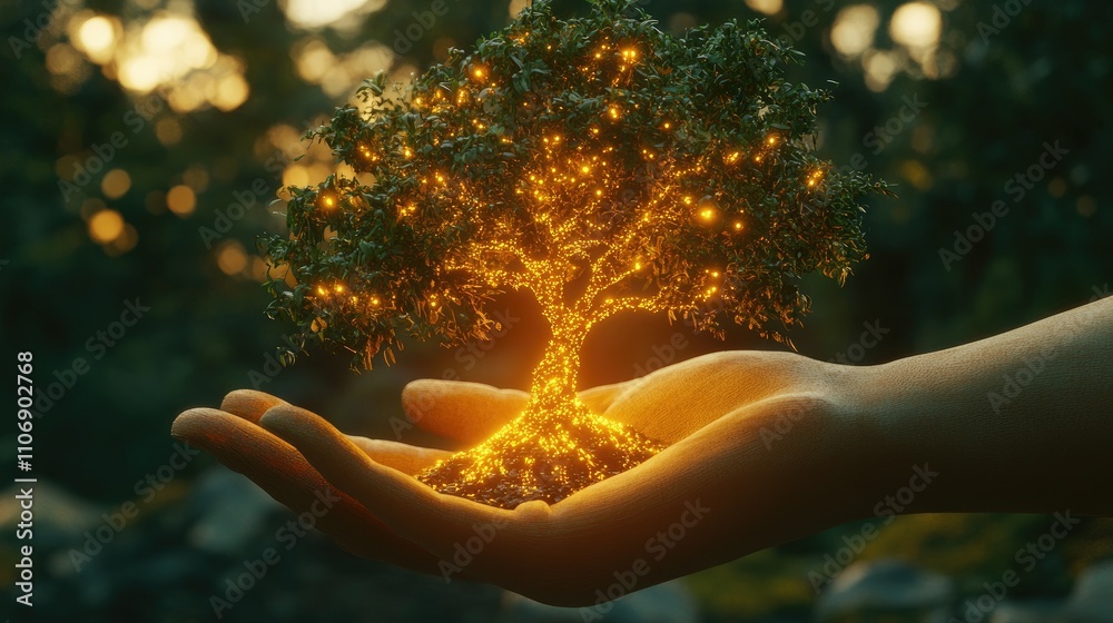 Poster concept image of a hand cradling a glowing tree, representing growth, nature conservation, and susta