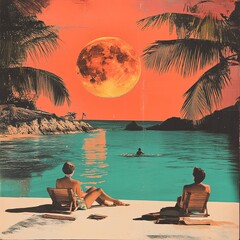 Tranquil Beach Scene under a Huge Orange Moon