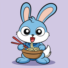 Cute vector rabbit eating noodles with chopstick Animal food isolated