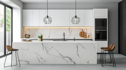 High-end modern kitchen with luxurious marble countertops, designer lighting, and state-of-the-art appliances in a bright, spacious setting