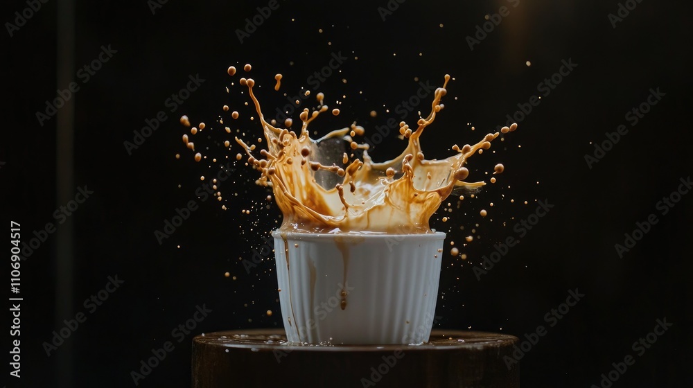 Poster high-speed capture of coffee splashing from a white cup against a dark background, emphasizing fluid