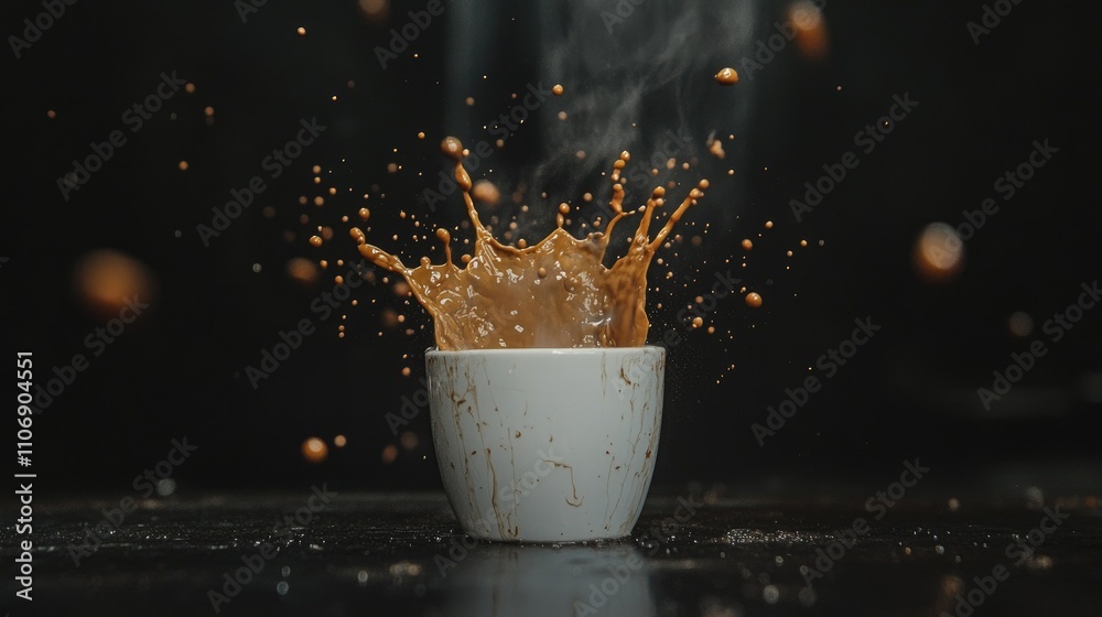 Poster high-speed capture of coffee splashing from a white cup against a dark background, emphasizing fluid