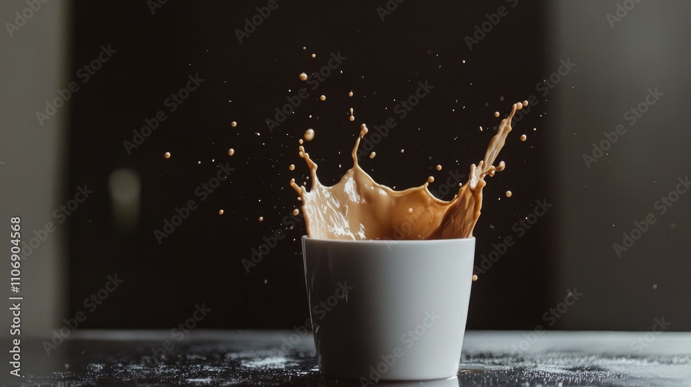 Poster high-speed capture of coffee splashing from a white cup against a dark background, emphasizing fluid