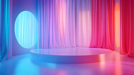 Empty neon illuminated stage with curtains backdrop.