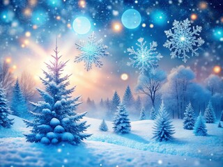 Enchanting Christmas Landscape with Soft Blue Snowflakes in a Serene Winter Wonderland, Perfect for Holiday Backgrounds and Festive Greetings