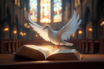 Ethereal white dove outstretched wings hovering over open Bible ornate church interior