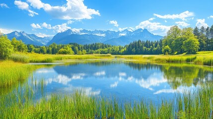 Obraz premium Idyllic summer landscape with a clear mountain lake surrounded by lush green meadows and towering Alps in the background, creating a peaceful and serene atmosphere