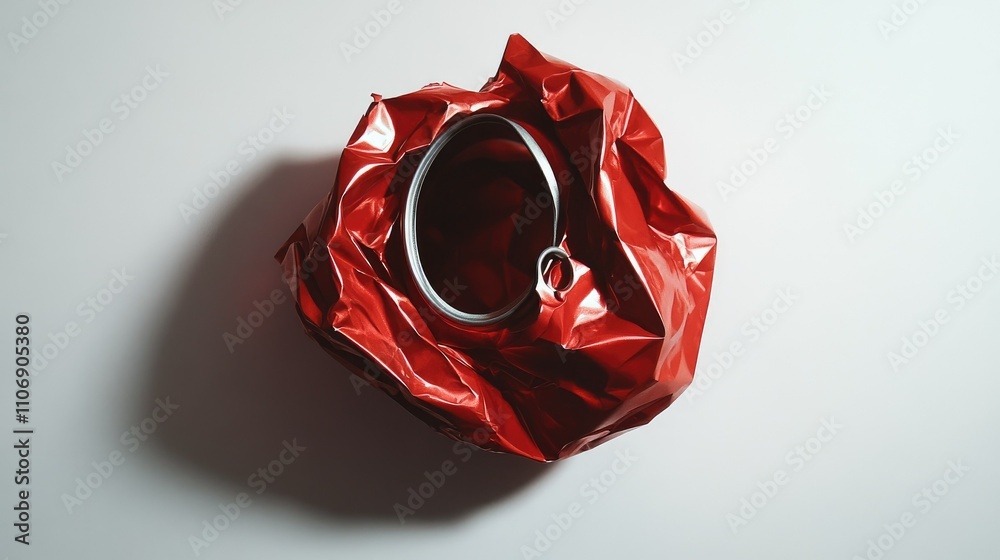 Poster isolated red crumpled aluminum can with ring pull on a white background, creating a stunning contras