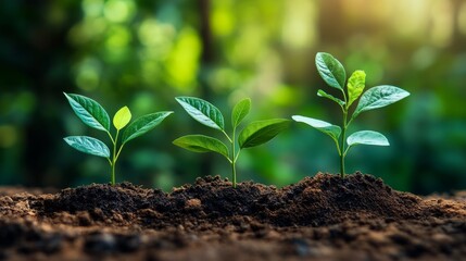 Fototapeta premium Three Saplings Growing in Rich Soil Against a Lush Green Background