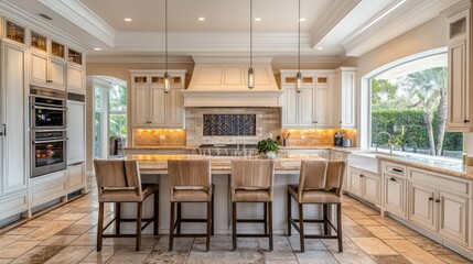Modern kitchen interior with luxurious finishes, a spacious island, and designer appliances creating a high-end cooking space