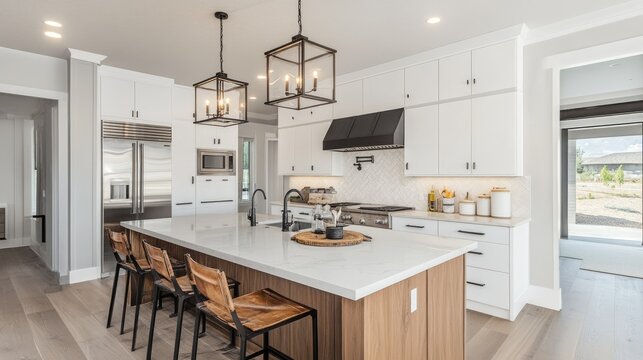 Modern kitchen interior with luxurious finishes, a spacious island, and designer appliances creating a high-end cooking space
