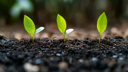 Three Young Green Seedlings Emerging From Dark Soil