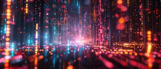 A vibrant digital landscape with glowing lines and dots, creating an immersive, futuristic atmosphere reminiscent of data streams or matrix visuals.