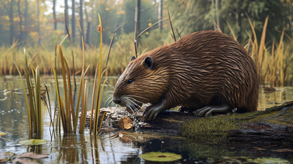 Beaver building a dam in a serene wetland, showcasing their industrious behavior and natural habitat, highlighting conservation and ecological importance.