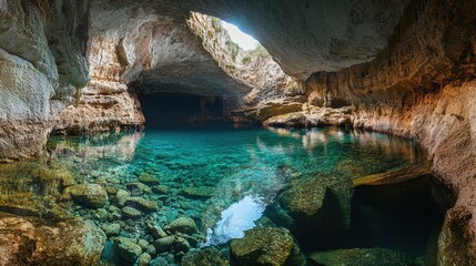 Panoramic view from inside Benagil cave in Algarve, Portugal, with natural light illuminating the stunning rock formations and clear waters