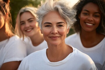 Obraz premium Group portrait diverse ages multi-generational white t-shirts natural light outdoor setting