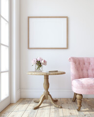 Modern living-room interior. Poster mockup. 3d render.