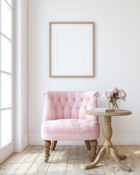 Modern living-room interior. Poster mockup. 3d render.