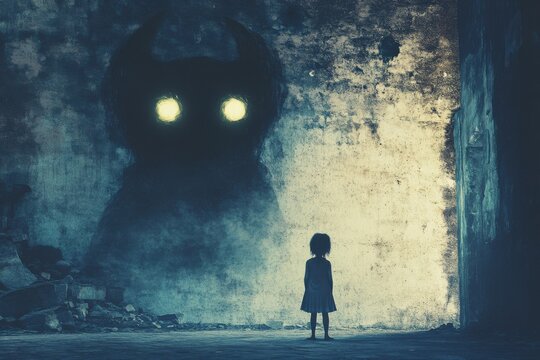 Haunting shadow monster child facing fear eerie glowing eyes dark silhouette crumbling