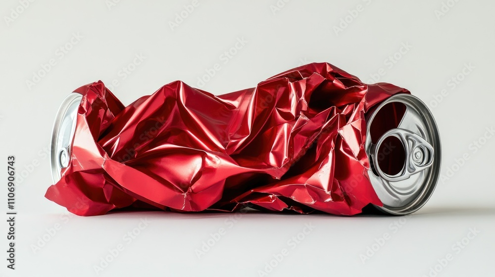Poster red crumpled aluminum can with ring pull, isolated on a white background, captured in low light for 