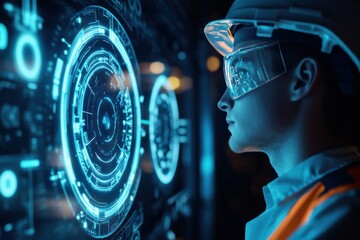 Industrial engineer futuristic holographic interface augmented reality display digital data visualization