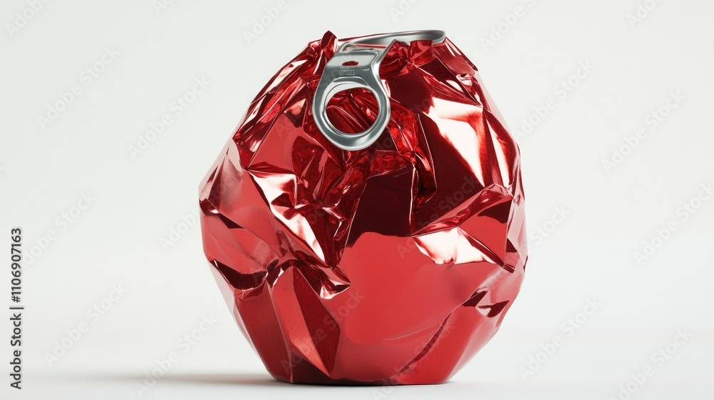 Poster red crumpled aluminum can with ring pull, isolated on a white background, captured in low light for 