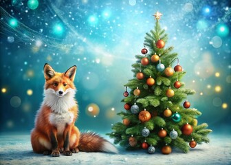 Enchanting Fox Nestled by a Decorated Christmas Tree Against a Blue-Green Background for a Cozy Holiday Card Design