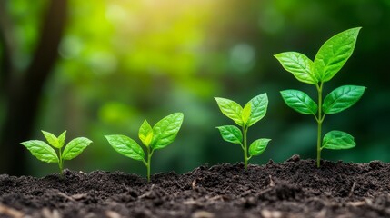 Naklejka premium Four Young Saplings Growing in Soil with a Blurred Green Background
