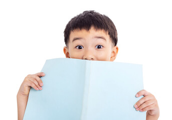 Surprised Boy holding book and Expressing Shock isolated on white