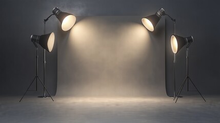 The gray backdrop, lit by lamps, creates a serene setting ideal for enhancing portrait photography.