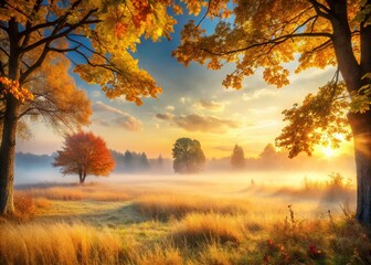 Enchanting Golden Autumn Trees Framing a Serene Mist-Covered Meadow at Sunrise, Capturing the Beauty of Nature's Transformation in a Tranquil Setting