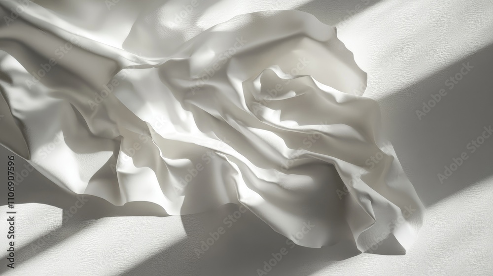Poster soft, crumpled white paper sheet with interesting shadow play, isolated on a plain background to emp