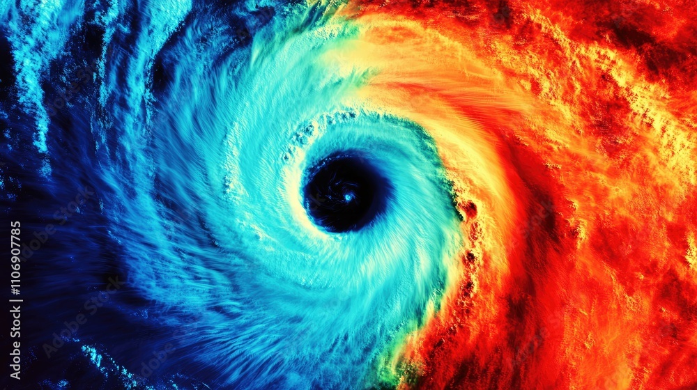 Poster space-based image of a swirling hurricane, capturing the impact of climate change on global weather 