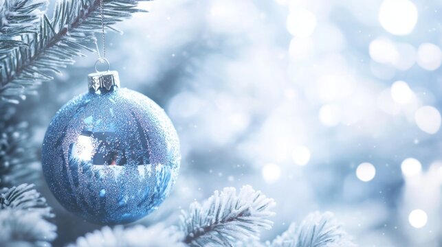 Christmas - Blue Baubles Decorated And Snowflakes In Snowing Background