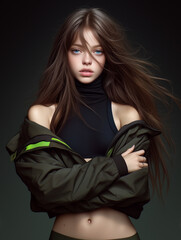 Naklejka premium Digital art showcasing fashionable women in bold, edgy outfits with modern details, striking expressions, and soft lighting on dark backdrops. 