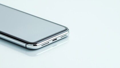 A sleek smartphone rests on a light surface, showcasing its minimalist design and charging port.