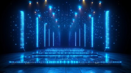 Fototapeta premium Futuristic blue stage with glowing lights and digital elements.